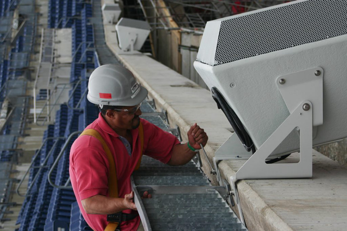 Speaker enclosure installed above the seating bowl at Nissan Stadium