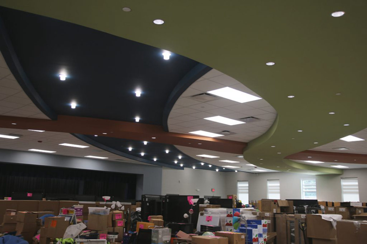 Recessed and feature lighting installed in the media center at Paragon Mills Elementary