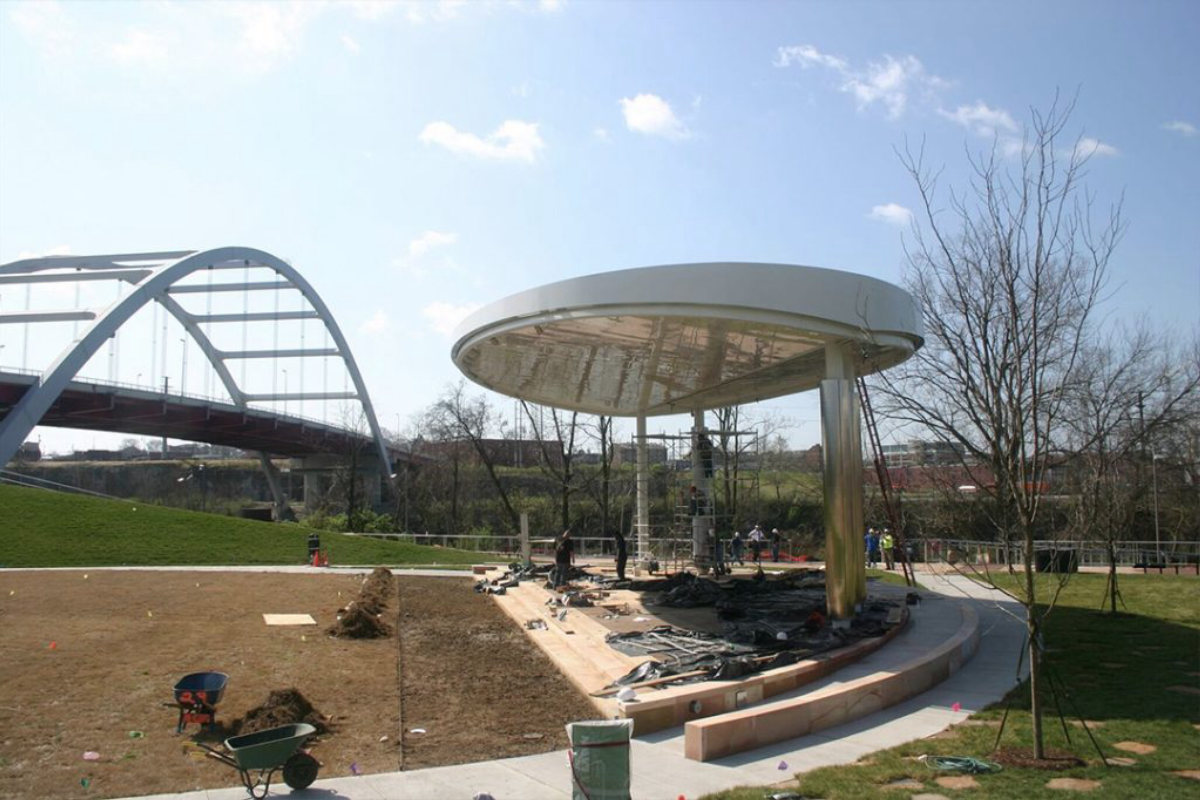 Park pavilion and site lighting at the Nashville Riverfront Play Park