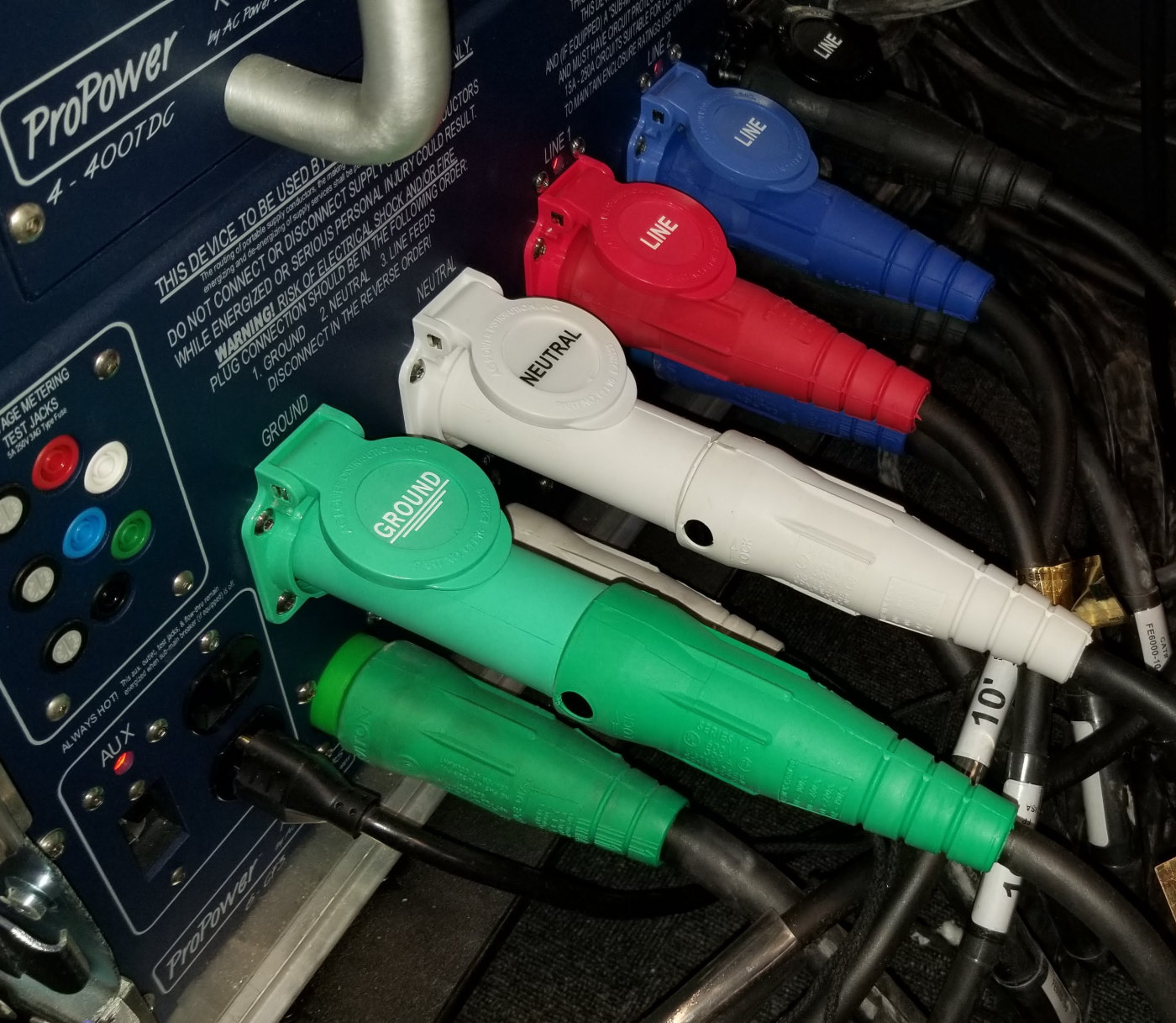 Color-coded generator power connections, ground, neutral, and line, landed at a power distribution panel by Amprite electricians