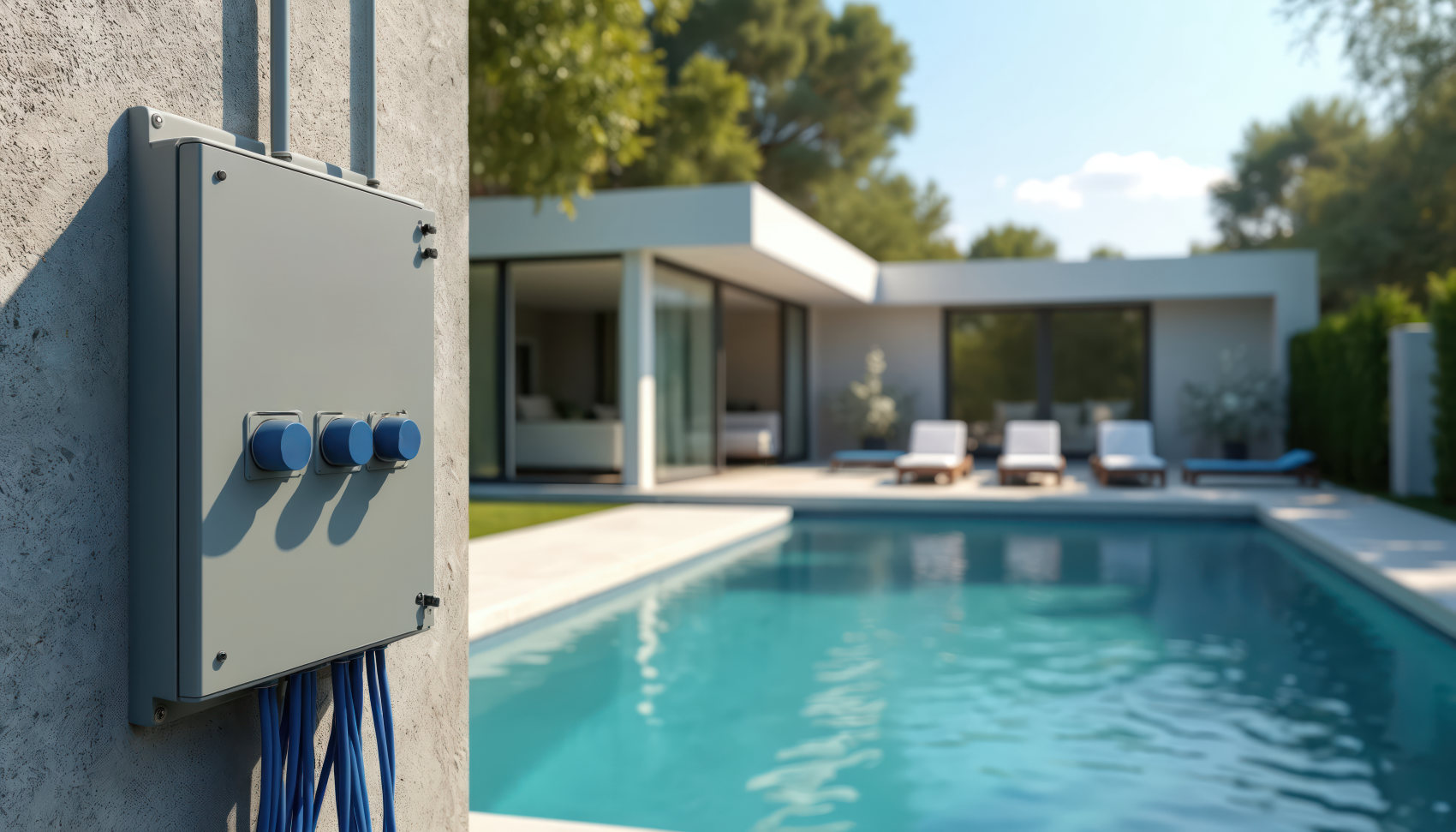 Outdoor electrical panel and wiring for pool equipment at a modern home
