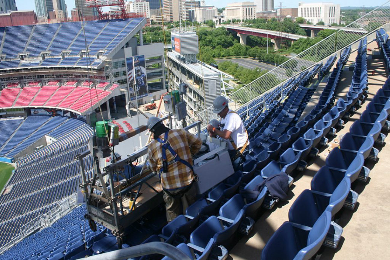 Amprite crews installing the stadium-wide sound system at Nissan Stadium in Nashville