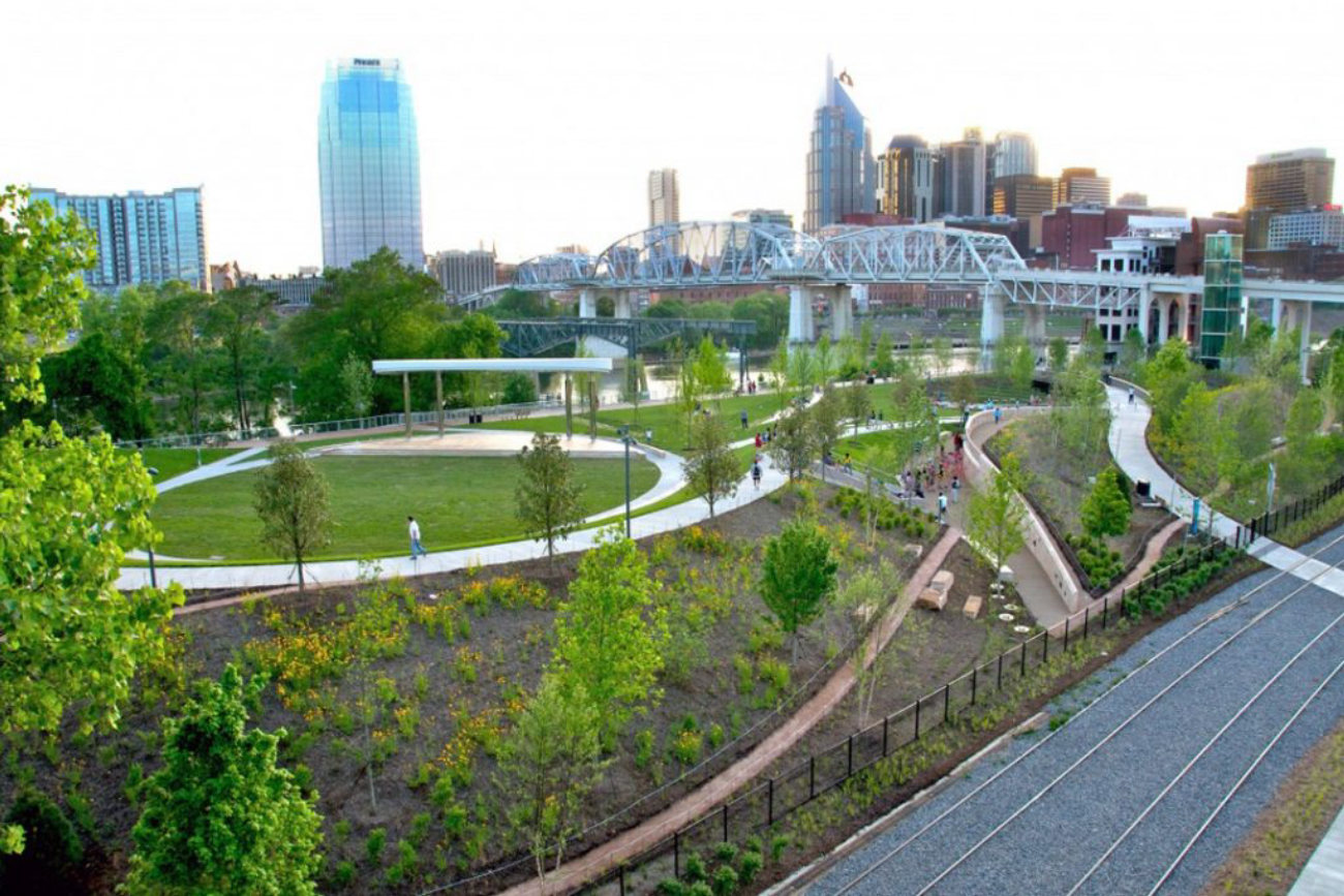 Nashville Riverfront Play Park with the downtown skyline, powered and lit by Amprite