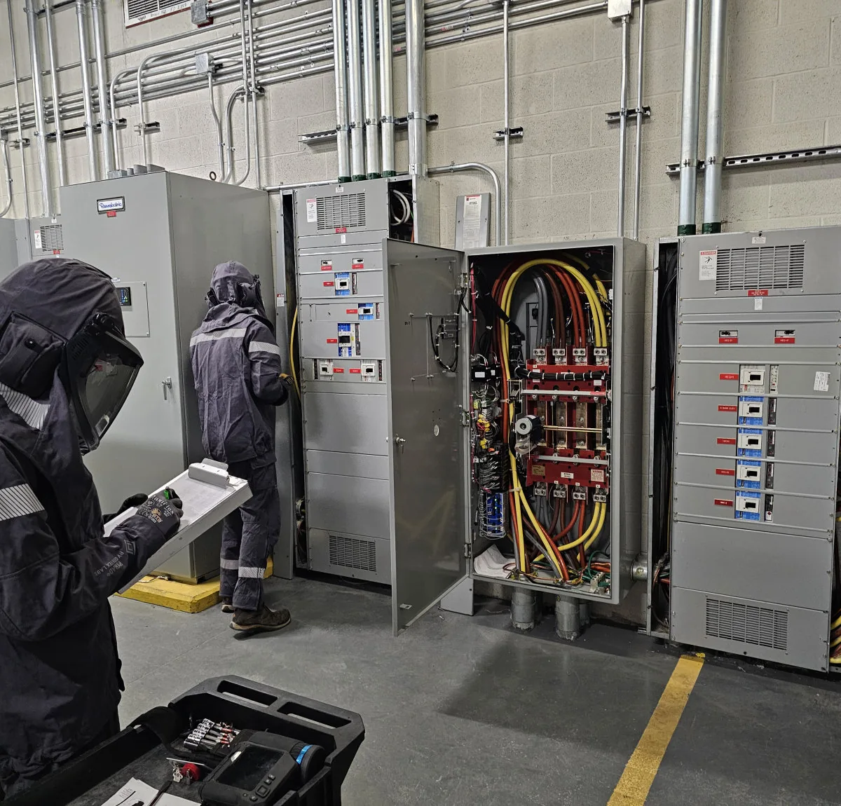 Amprite technicians in arc flash rated PPE working an energized switchgear lineup